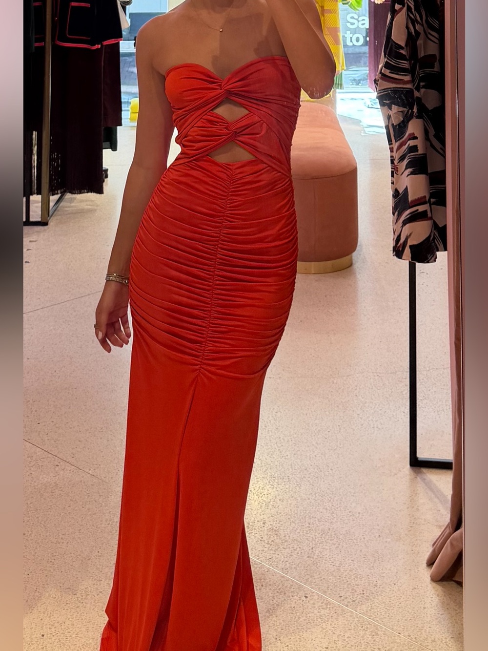 Strapless Red Twist Ruched Cutout Maxi Dress